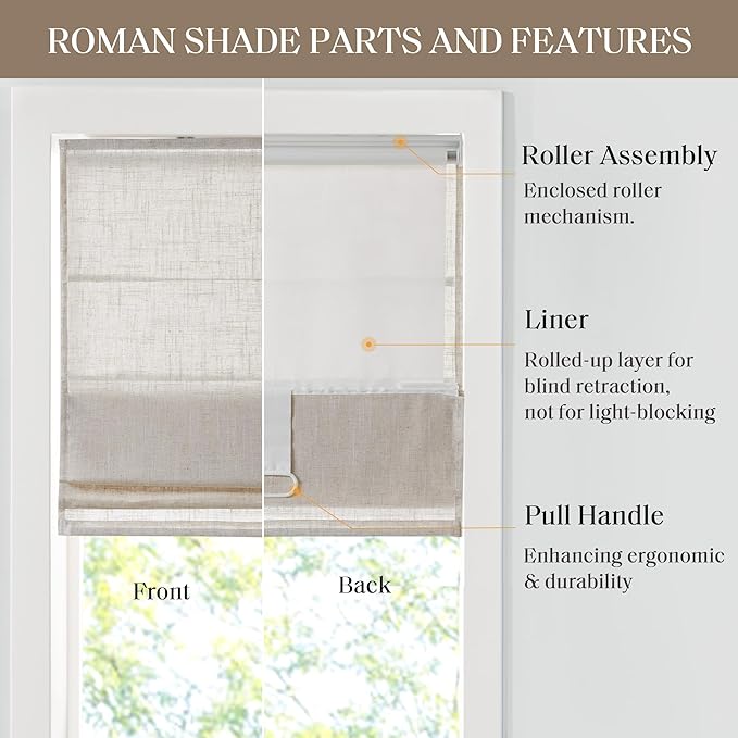 Madison Park Kyler Cordless Roman Shades - Single Panel, Lightweight Linen Blend Fabric, Natural Design, Easy Installation, Light Filtering Window Blind, Bedroom, Living Room Decor 31"W x 64"H Natural