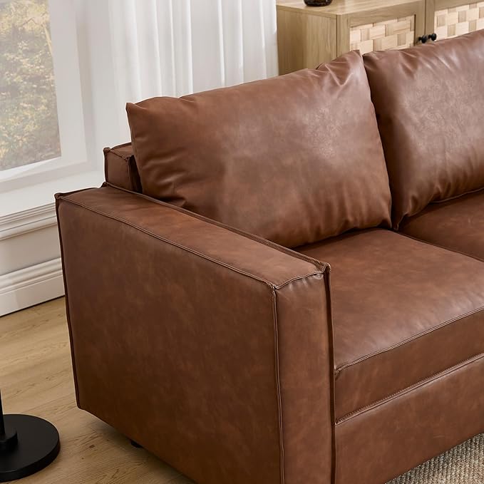 3 Seater Brown Leather Modular Sectional Sofa, 90 inch Cloud Modular Sectional Couch, Modern Convertible Comfortable Sofa for Living Room/Apartment