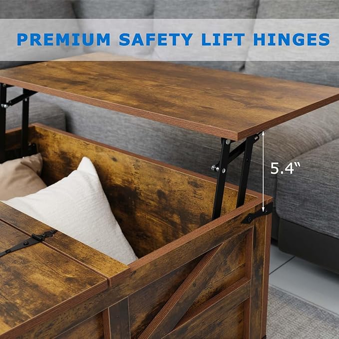 Lift Top Coffee Table, 31.5" Square Coffee Table with Storage, Farmhouse Coffee Tables for Living Room, Cocktail Tables with Large Hidden Compartment, Rustic Brown
