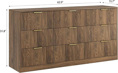 3-Piece Modern Bedroom Furniture Set, Wide 9-Drawer Dresser & 2-Drawer Nightstands Set of 2, Natural Wood Dresser and Nightstand Sets for Bedroom, Hallway, Walnut