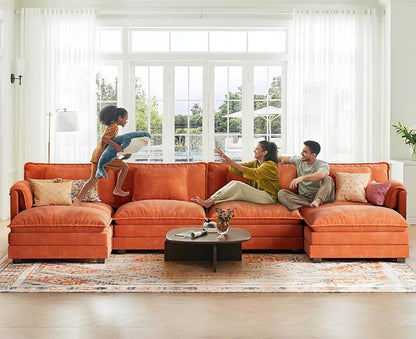 ELUCHANG 153" U Shaped Modular Sectional Cloud Couch with Pillow, Deep Seat Sofa Couches for Living Room, 6-Seat Modern Sofa with Movable Ottoman, Chenille Terracotta