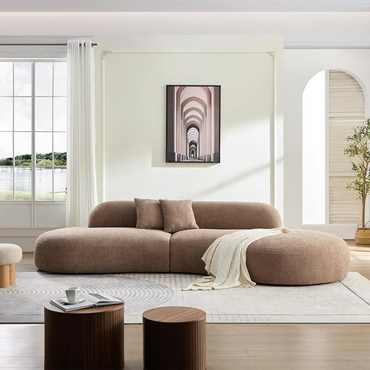 135.4" Curved Sofa Couch Modern Oversized 6-Seat Round Boucle Sectional Sofa Couch with Pillows for Living Room Apartment Furniture,No Assembly Needed(Camel+Right-Facing)