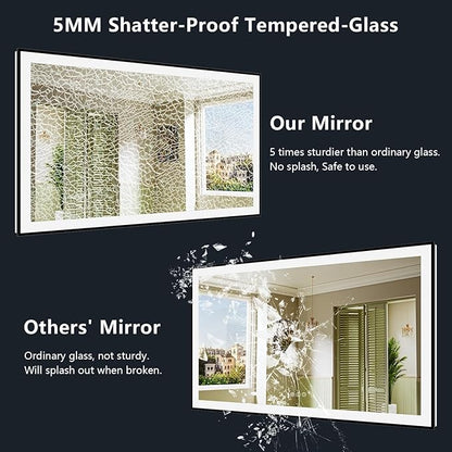 60x38 Inch LED Bathroom Mirror with Lights (Front Lit and Backlit) Black Framed Lighted Vanity Mirror for Bathroom Wall Dimmable Anti-Fog Memory Tempered Glass Horizontal/Vertical