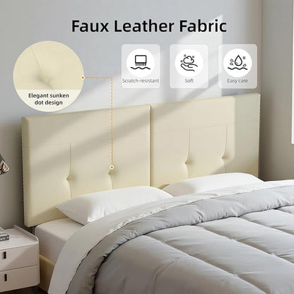King Headboard Only with Adjustable Metal Legs, Faux Leather Upholstered Headboard King Size, Modern Stylish Headboard with Sunken Dot Design, Sturdy Bed Headboard for Bedroom, Beige