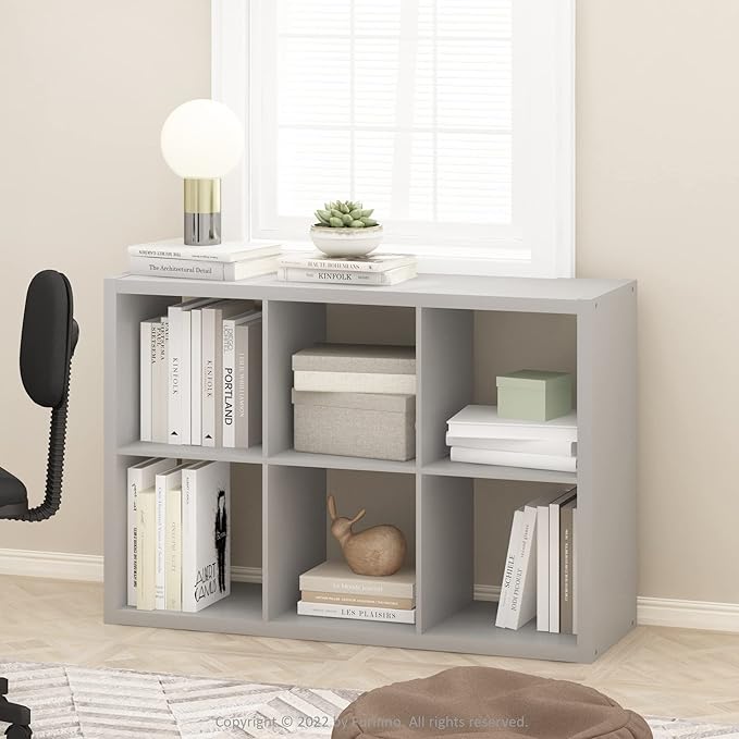 Furinno CUBICLE Book Shelf, 6-Cube Thick Frame Bookshelf, Horizontally & Vertically Reversible Bookcase with Open Back, 14.6 x 43.8 x 30, for Living Room, Bedroom, Home Office, Light Grey