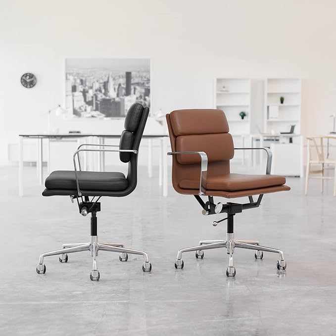Laura Davidson Furniture SOHO II Padded Management Office Chair - Mid Back Desk Chair with Arm Rest, Swivel & Cushion Availability, Made of Faux Leather, Blue, Computer Chair