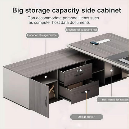 78IN Executive Office Desk - Large Office Desk L Shaped Computer Desk with 2 Drawers & Grille Design | Thickened Countertop & Large Capacity Side Cabinet Storage & Metal Cabinet Handle