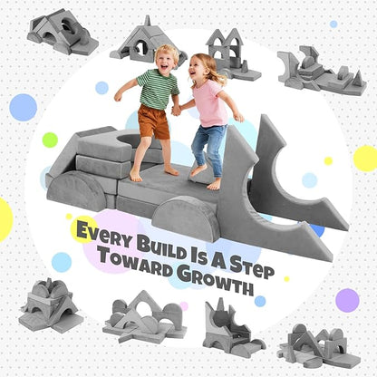 15 Pcs Modular Kids Play Couch, Toddler Couches That Fold Out, Plush Foam Chair for Children’s Playroom, Velvet Fabric Convertible Foam and Floor Cushion for Boys and Girls (Gray,27)
