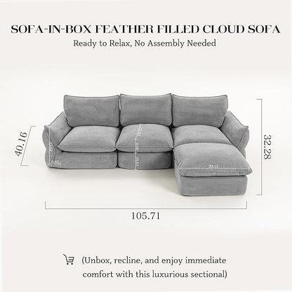 106'' Down Blend L-Shaped Sectional Sofa, Deep Seat Feather-Filled Cushions, Oversized Cloud Couch with Sink-in Comfort, Modern Living Room Sofa – Pebble Gray