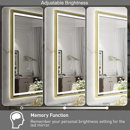 30X36 Inch Gold Frame Led Mirror,Backlit and Front Bathroom Mirror with Lights,Wall Mounted Double LED Dimmable Lighted Anti-Fog Vanity Mirror,Stepless 3 Colors Temperature 3000K-6000K