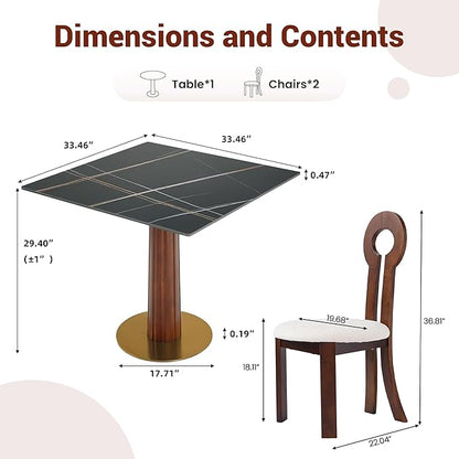 Sintered Stone Square Office Table and Chair Set - Meeting Table for Small Offices (Dark Brown Leg and Black Top, 1 Table and 2 Chairs)