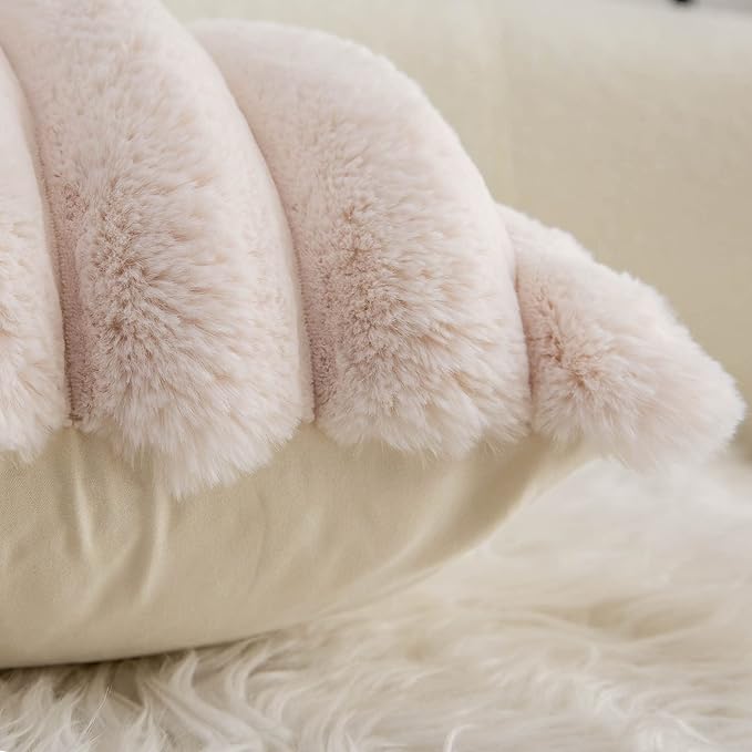 Neelvin Beige Faux Fur Cozy Soft Striped Decorative Throw Pillow Covers 26x26 inch Set of 2,Velvet Pillowcase Cushion Case for Sofa Couch