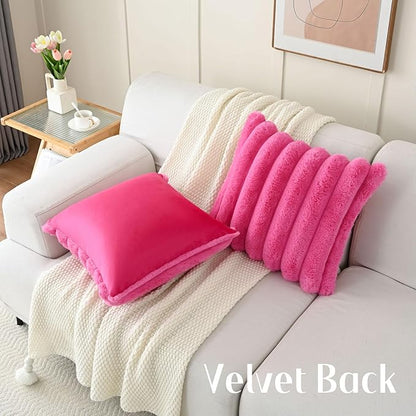 FUTEI Hot Pink Decorative Throw Pillow Covers 16x16 Inch Set of 2, Square Soft Faux Rabbit Fur Thick Striped Cushion Cover,Winter Home Decor for Couch Bed Living Room