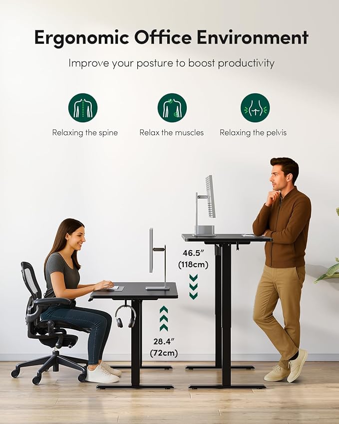 FEZIBO One-Piece Standing Desk Adjustable Height Stand up Home Office Desk, 48x24 Inch Electric Standing Computer Desk, with 4 Memory Presets, Headphone Hook, Black