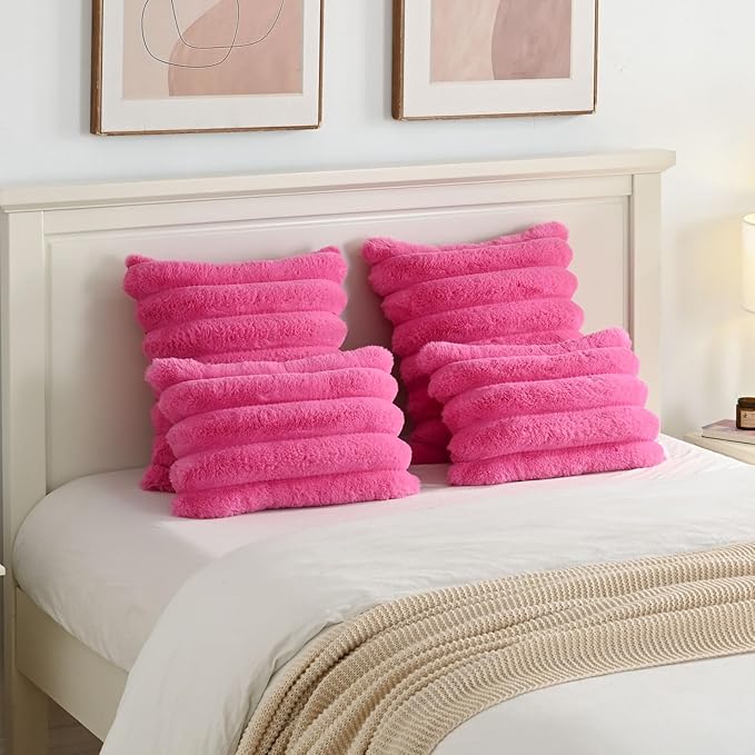 FUTEI Hot Pink Decorative Throw Pillow Covers 16x16 Inch Set of 2, Square Soft Faux Rabbit Fur Thick Striped Cushion Cover,Winter Home Decor for Couch Bed Living Room