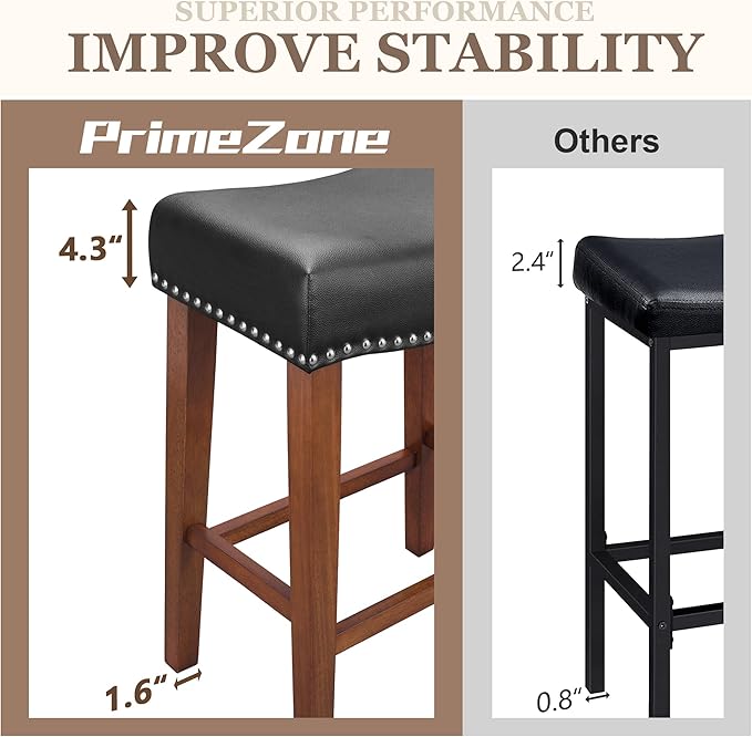 PrimeZone Counter Height Bar Stools Set of 8 - Backless Saddle Barstools with 4.3" Thick Upholstered, Nailhead Trim Faux Leather & Solid Wood Legs, 26 Inch Counter Stools for Kitchen Island, Black
