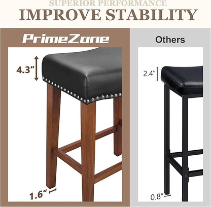 PrimeZone Counter Height Bar Stools Set of 2 - Backless Saddle Barstools with 4.3" Thick Upholstered, Nailhead Trim Faux Leather & Solid Wood Legs, 26 Inch Counter Stools for Kitchen Island, Black
