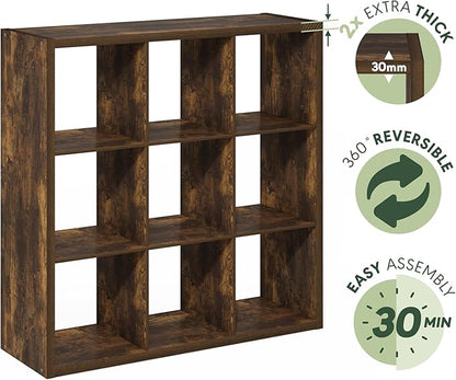 Furinno Cubicle Book Shelf, 9-Cube Thick Frame Bookshelf, Reversible Bookcase with Open Back, 14.6 x 43.8 x 43.8, for Living Room, Bedroom, Home Office, Amber Pine