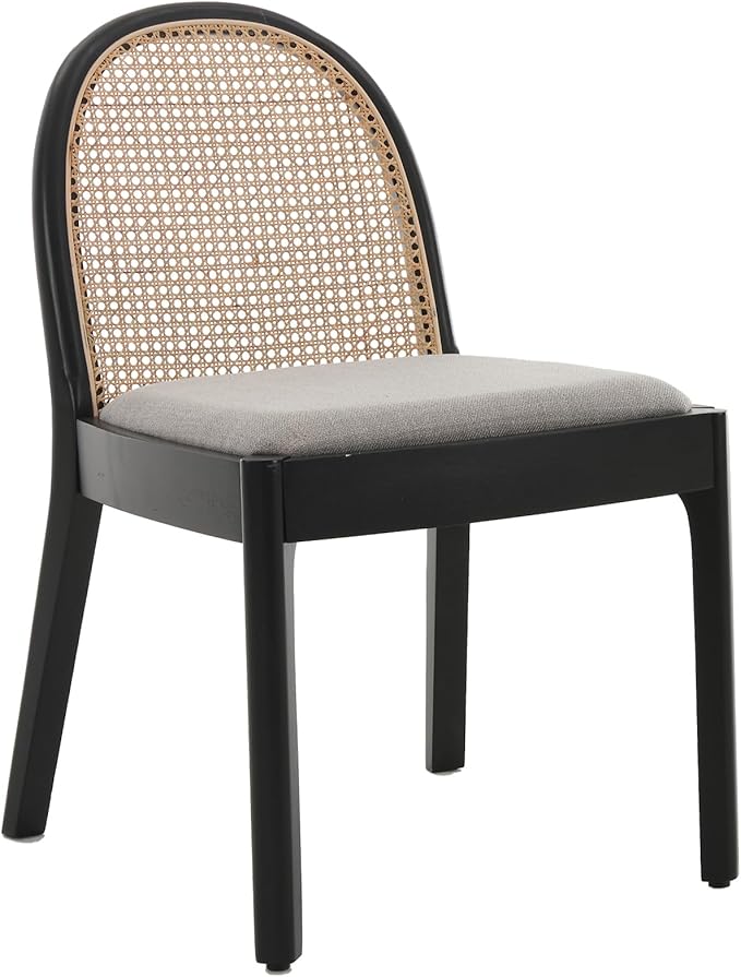 Rattan Dining Chairs Set of 6, Modern Dining Room Chairs with Cane Back Comfy Accent Kitchen Chair Upholstered Linen Fabric Chair for Restaurant/Living Room, Grey