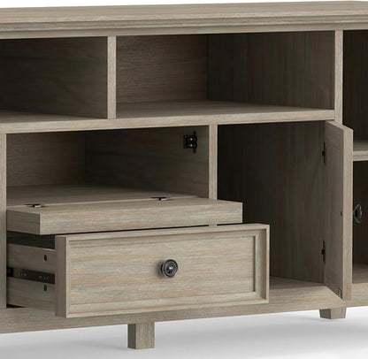 SIMPLIHOME Amherst 54-inch Wide Solid Wood TV Stand in Antique White, Transitional-Style Media Console for Living Room with Adjustable Shelves and Cable Management