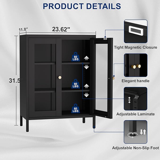 Metal Bathroom Storage Cabinet, Black Sideboard Cabinet with Glass Doors and Adjustable Shelves, Small Metal Cabinets for Kitchen, Living Room, Entryway,Office