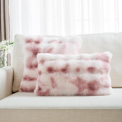 FUTEI Pink White Decorative Throw Pillow Covers 18x18 Inch Set of 2,Soft Fuzzy Faux Rabbit Fur Cushion Covers with Raised Texture,Neutral Boho Home Decor for Couch Bed Living Room