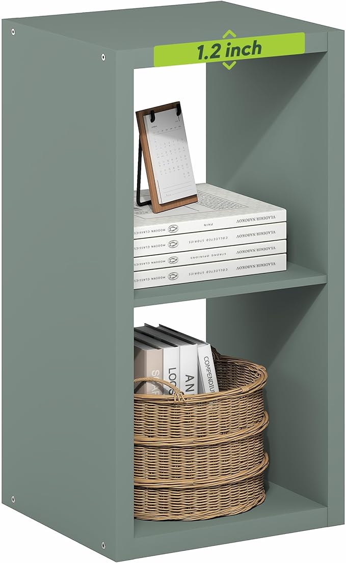Furinno Cubicle Book Shelf, 2-Cube Thick Frame Bookshelf, Horizontally & Vertically Reversible Bookcase with Open Back, 14.6" x 15.9" x 30", for Living Room, Bedroom, Home Office, Sage Green