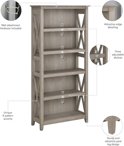 Bush Furniture Tall 5 Shelf Bookcase for Living Room or Home Office, Large Bookshelf, Modern Farmhouse Style, Key West Collection, Washed Gray