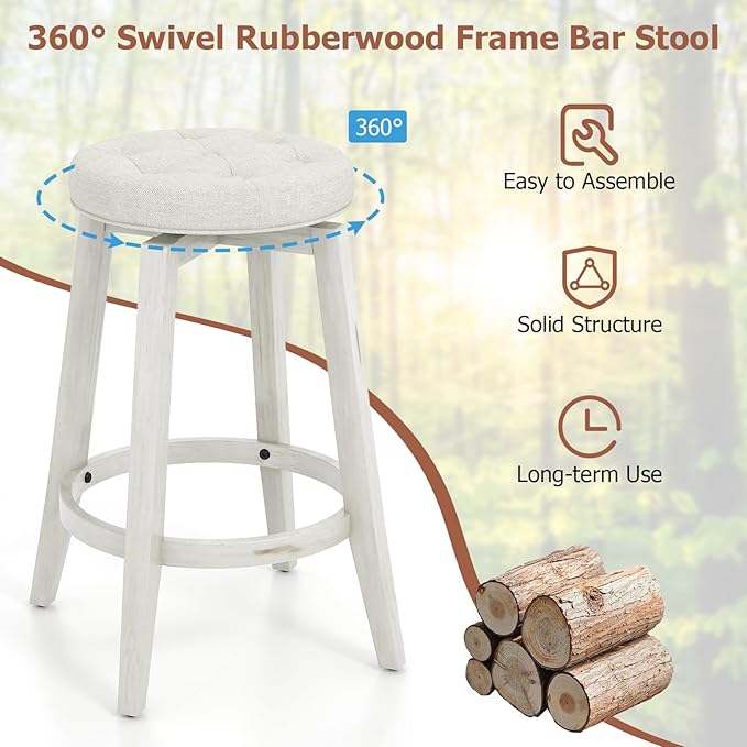 COSTWAY 360° Swivel Bar Stools Set of 2, 30-inch Height Vintage Upholstered Rubberwood Backless Bar Chairs with Footrest, Retro Kitchen Counter Stools for Kitchen Island Dining Room Home Bar, White