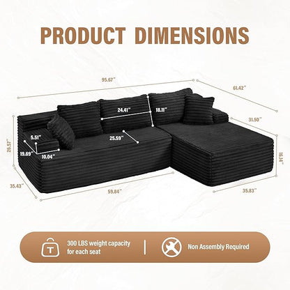 Hobestluk Modular Sectional Couch Sofa,96" Boneless Couches for Living Room, Memory Foam Sectional Couch with Oversized Chaise,L-Shape Couches (Black, Right Facing)
