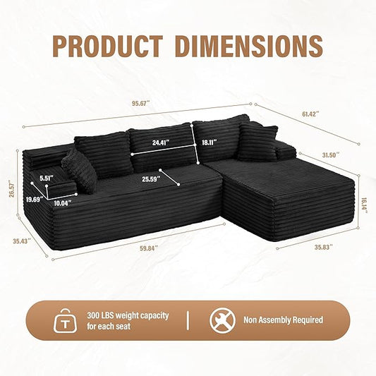 Hobestluk Modular Sectional Couch Sofa,96" Boneless Couches for Living Room, Memory Foam Sectional Couch with Oversized Chaise,L-Shape Couches (Black, Right Facing)