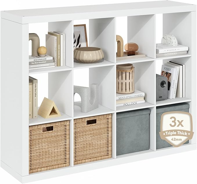 Furinno Cubicle Book Shelf, 12-Cube Bookshelf, Triple Thick Frame Cube Storage Organizer, Bookcase, 15.4 x 57.4 x 43.4, for Home Office, Living Room, Plain White