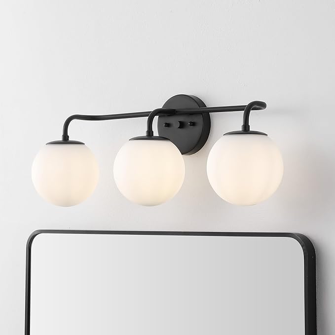 JONATHAN Y JYL3536B Louis Parisian Globe 25" 3-Light Metal/Frosted Glass Modern Contemporary LED Vanity Light Midcentury, Glam, Transitional, Bathroom, Powder Room, Dressing Room, Bedroom, Black