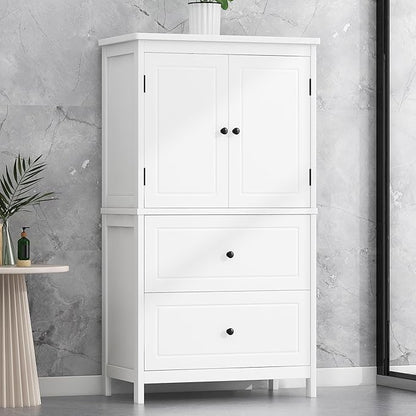 Tall Storage Cabinet, Bathroom Floor Freestanding Storage Cabinet with 2 Doors and 2 Drawers for Bathroom, Office, Living Room, White