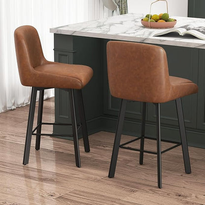 Swivel Bar Stools Set of 6, 26''H Upholstered Barstools with Backs, Modern Counter Height Bar Stool Chairs for Kitchen Island, Metal Legs, Faux Leather, Brown Counter Stools