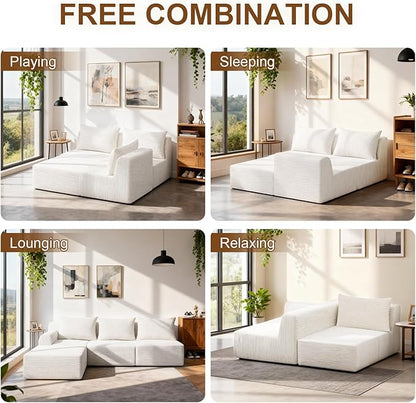JSLOVE Modular L-Shape Sectional Sofa with Chaise, 3 Seat Movable Boneless Cloud Couch in One Box, Sofa Couch Bed with Ultra-Soft Corduroy Fabric, No Assembly Required for Living Room, Bedroom(Beige)