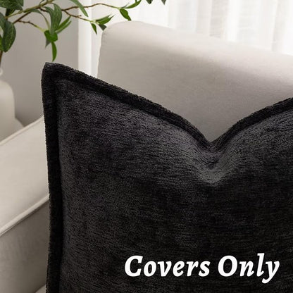 Black Decorative Throw Pillow Covers 18x18 Inch Set of 2 Cozy Soild Chenille Cushion Cases Soft Textured Square Couch Pillows Cover Boho Accent Farmhouse Pillowcases for Sofa Bed
