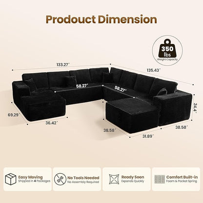 Cloud Sectional Couch with Chaise, Boneless U-Shaped Cloud Couch with Deep Seat, Soft Plush Modern Minimalist Sofa, Assembly Free Modular Floor Sofa for Office Living Room Apartment, Black