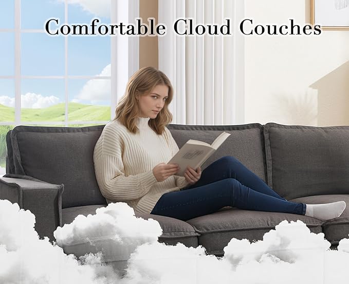 EALSON 119" Modular Sectional Sofa Comfy Cloud Couch with Ottoman Modern Convertible L Shape Couches with Wooden Legs Linen Deep Seat Couch 4-Seater Sofa with Ottoman for Living Room/Apartment, Grey