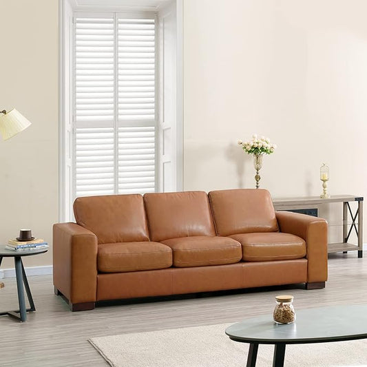 Naomi Home Freya Genuine Leather Sofa - Luxurious Comfort, Goose Feather Cushion Filling, Square Arm Design, Sturdy Block Legs, Elegant Tan - Ideal for Living Room, Office, or Bedroom
