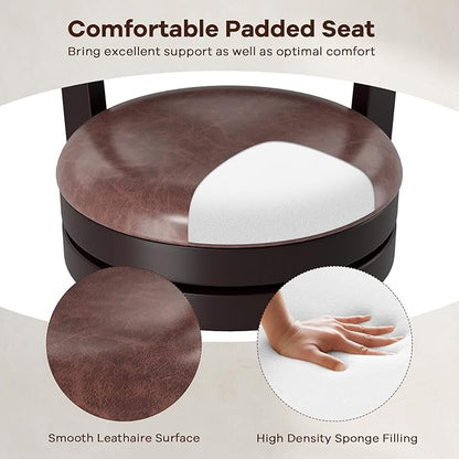 COSTWAY Bar Stools Set of 2, 26" Swivel Counter Height Bar Chairs with Copper Nails, Upholstered Seat, X-Shaped Backrest, Solid Rubber Wood Frame, for Kitchen Island Pub Bar