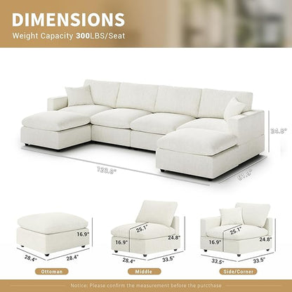 Modern Sectional Linen Couch for Living Room U-Shape Sofas,6 Seat Modular Cloud Sofas,Couches Cushion Covers Removable,Cozy Feather Down Sofa for Apartment Cream White