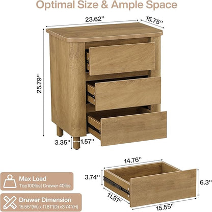 Tribesigns Modern Side Table Set 2 with 3 Drawers, 23.62" Wide End Table for Couch Sofa Living Room, Rustic Brown