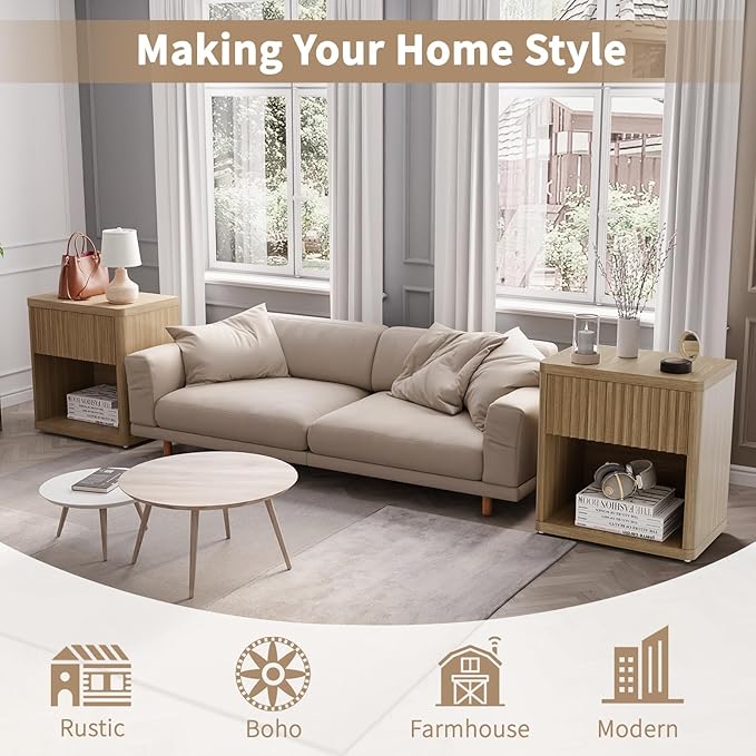 22.8" Fluted Nightstands Set of 2, Large Modern Nightstand with Drawer and Storage Shelf, Oak Finish & Cream, Mid Century Night Stands for Bedroom Living Room Sofa Couch Office