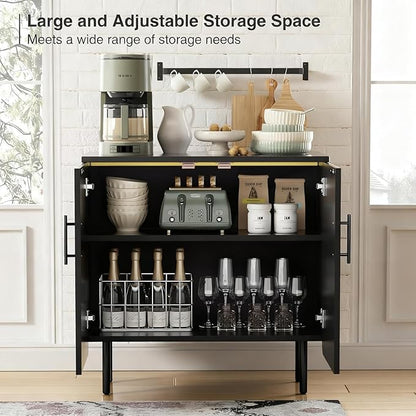 Set of 2 Fluted Black Storage Cabinets, Modern 2-Door Sideboard Buffet Cabinet with Adjustable Shelves and Metal Legs, Accent Cabinet for Kitchen, Living Room, Entryway (Black)