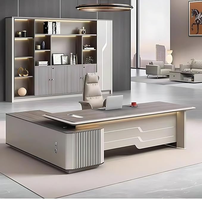 78IN Executive Office Desk - Large Office Desk L Shaped Computer Desk with 2 Drawers & Grille Design | Thickened Countertop & Large Capacity Side Cabinet Storage & Metal Cabinet Handle