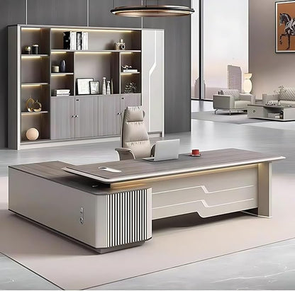 78IN Executive Office Desk - Large Office Desk L Shaped Computer Desk with 2 Drawers & Grille Design | Thickened Countertop & Large Capacity Side Cabinet Storage & Metal Cabinet Handle