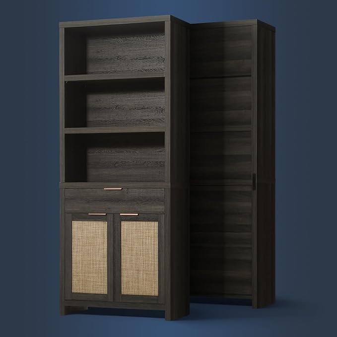 Hampstead Bookcase, Rattan Bookcase with Doors Cabinet and Drawer, 5-Tier Bookshelf, Large Wooden Book Case, Tall Bookshelves for Library Living Room (Midnight Oak, 2 Pieces)