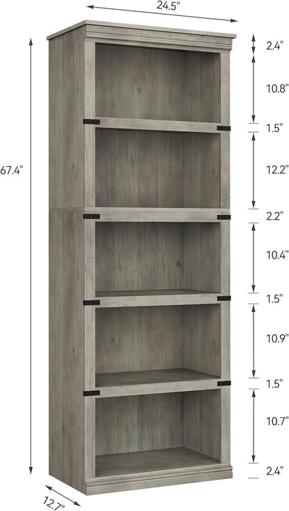 IDEALHOUSE 5 Tier Bookcase, Farmhouse Book Shelf with Storage, Tall Book Case Wooden 5 Shelf Bookcase for Home Office, Living Room, Bed Room (Grey, 67.4" H x 24.6" W x 12.8" D)