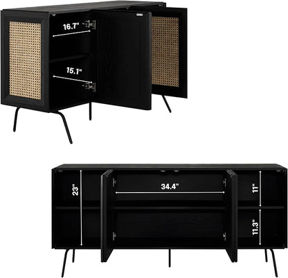 NTC MOSSIC Modern Sideboard with 4 Doors, Natural Rattan Storage Cabinet, Buffet with Metal Legs, Boho Accent Cabinet for Living Room, and Entryway, Effortless Assembly - Burnt Black